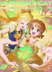  1girl artist_logo artist_name bare_arms bare_legs birthday blonde_hair bob_cut boots brooch brown_hair bubble_skirt clover clover_background clover_earrings collarbone cure_honey four-leaf_clover frilled_wristband glowstick hair_ornament hair_ribbon hair_tie happinesscharge_precure! happy_birthday heart heart_brooch heart_hands heart_of_string heart_pockets heart_stick highres holding holding_lightstick holding_weapon jewelry logo long_hair long_sleeves looking_at_viewer medium_hair neck one_eye_closed oomori_yuuko open_mouth pants parted_bangs ponytail precure puffy_sleeves ribbon shipu_(gassyumaron) shirt skirt smile solo solo_focus stick suspenders teeth twitter_username upper_teeth_only very_long_hair watermark weapon yellow_shirt yellow_skirt 