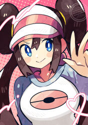  1girl anidler91 blue_eyes brown_hair closed_mouth double_bun hair_between_eyes hair_bun heart highres long_hair looking_at_viewer pokemon pokemon_bw2 rosa_(pokemon) shirt smile solo twintails upper_body visor_cap w 