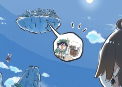  1girl 2boys beret black_hair blue_hair braid brown_hair cape clouds columbina_(genshin_impact) cup drunk flower genshin_impact gradient_hair green_cape green_hat hat highres holding holding_cup mondstadt_city multicolored_hair multiple_boys venti_(genshin_impact) xinzoruo zhongli_(genshin_impact) 