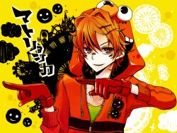  1boy amatsuki_(utaite) brown_hair character_hood closed_mouth elmo hood jacket long_sleeves looking_at_viewer male_focus manabu matryoshka_(vocaloid) sesame_street shirt short_hair simple_background solo utaite white_shirt yellow_background 