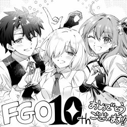  1boy 2girls anniversary black_gloves celebration chaldea_logo collared_dress collared_shirt command_spell dress earrings fate/grand_order fate_(series) fujimaru_ritsuka_(female)_(fgo_fes._2025) fujimaru_ritsuka_(male)_(fgo_fes._2025) gloves greyscale hair_ornament hair_over_one_eye happy_anniversary highres holding_hands horizontal-striped_sleeve_cuffs ichiji_(loce_and_peave) jewelry long_sleeves looking_at_viewer mash_kyrielight mash_kyrielight_(fgo_fes._2025) monochrome multiple_girls necktie number-shaped_hands one_eye_closed open_mouth puffy_long_sleeves puffy_sleeves see-through_clothes shirt short_sleeves smile sparkle star_(symbol) star_hair_ornament vest 