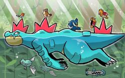  air_bubble barboach bird bubble claws closed_mouth cramorant feraligatr fish fletchling from_side full_body grass hotathino no_humans open_mouth pidgey plant pokemon pokemon_(creature) pokemon_focus pokemon_tcg remoraid second-party_source sparkle spearow spines sunlight swimming tree vines water yellow_eyes 