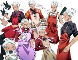  1boy absurdres apron archer_(fate) chef code3755 dark-skinned_male dark_skin fate/grand_order fate/stay_night fate_(series) highres holding holding_knife knife male_focus red_apron shirt solo spiky_hair white_shirt 