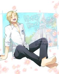  1boy barefoot black_pants blonde_hair cherry_blossoms church closed_eyes collared_shirt crossed_ankles falling_petals flower full_body happy_birthday jewelry jo_ro_ri laughing male_focus medium_hair open_mouth pants parted_bangs petals pink_flower pink_petals ring sakurai_ruka shirt sleeves_rolled_up smile solo tokimeki_memorial tokimeki_memorial_girl&#039;s_side tokimeki_memorial_girl&#039;s_side_3rd_story twitter_username white_shirt 