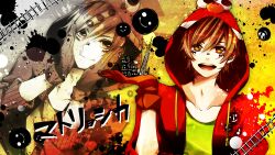  1boy amatsuki_(utaite) brown_hair character_hood closed_mouth elmo highres hood jacket long_sleeves looking_at_viewer male_focus manabu matryoshka_(vocaloid) sesame_street shirt short_hair simple_background solo utaite white_shirt yellow_background 