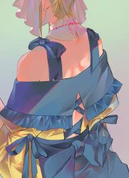  1girl aku_no_musume_(vocaloid) back back_focus bare_shoulders black_bow black_corset black_ribbon blonde_hair bow choker corset cross-laced_clothes cross-laced_corset cut-here_line detached_collar dress dress_bow dress_ribbon evillious_nendaiki frilled_dress frills hair_bow highres implied_decapitation kagamine_rin median_furrow nape qwe1234_1 ribbon riliane_lucifen_d'autriche shoulder_blades solo string string_of_fate symbolism vocaloid white_bow white_choker wide_sleeves yellow_dress 