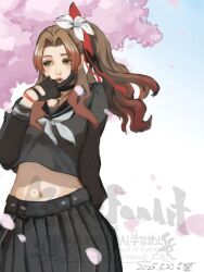  1girl 5tatsu aerith_gainsborough aerith_gainsborough_(midgard_seventh_high_school) arm_behind_back belt black_choker black_gloves black_mask black_sailor_collar black_shirt black_skirt bracelet breasts brown_hair cherry_blossoms choker colored_tips cowboy_shot crop_top dated delinquent falling_petals final_fantasy final_fantasy_vii final_fantasy_vii_ever_crisis flower gloves gradient_hair green_eyes grey_neckerchief hair_flower hair_ornament hair_ribbon highres jewelry long_hair long_sleeves mask mask_pull medium_breasts midriff mouth_mask multicolored_hair navel neckerchief necklace official_alternate_costume parted_bangs parted_lips petals pink_petals pleated_skirt red_hair red_ribbon ribbon sailor_collar school_uniform shirt side_ponytail sidelocks skirt solo studded_belt sukeban twitter_username wavy_hair white_flower 