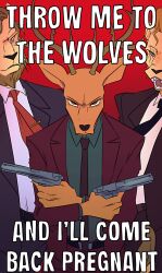  3boys beastars deer_boy fangs formal_clothes free_(beastars) furry furry_male gun handgun highres holding holding_gun holding_weapon ibuki_(beastars) karina_farek lion_mane louis_(beastars) meme multiple_boys necktie red_necktie scar suit throw_me_to_the_wolves_(meme) weapon 