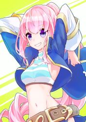  1girl belt blue_eyes blue_hat blue_jacket blue_shirt captain_kid_lore clothing_cutout emil_chronicle_online hat holding holding_unworn_clothes holding_unworn_hat jacket long_hair navel pink_hair ponytail shirt shoulder_cutout striped_clothes striped_shirt unworn_hat unworn_headwear upper_body very_long_hair yusa_yuyu 