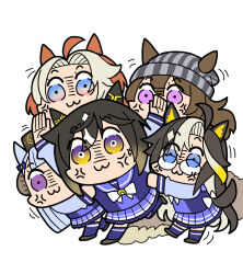  5girls ahoge anger_vein animal_ears beanie bkub_(style) black_hair blue_eyes blunt_bangs bow bowtie brown_hair commentary_request dream_journey_(umamusume) ear_covers glasses gold_ship_(umamusume) gradient_eyes grey_hair hat horse_ears horse_girl horse_tail long_hair miniskirt multicolored_eyes multicolored_hair multiple_girls nakayama_festa_(umamusume) orfevre_(umamusume) parody pillbox_hat pink_eyes pleated_skirt purple_serafuku purple_shirt purple_skirt purple_thighhighs sailor_collar sailor_shirt sakazaki_freddy school_uniform serafuku shirt skirt stay_gold_(umamusume) stay_stay style_parody tail thigh-highs tracen_school_uniform umamusume violet_eyes white_background white_bow white_bowtie white_hair yellow_eyes 