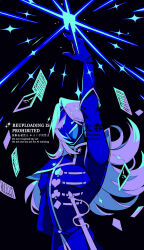  1boy arm_behind_back arm_up black_background blue_gloves blue_jacket blue_skin card colored_skin deltarune floating_card gloves highres jacket long_hair male_focus one_eye_closed playing_card rouxls_kaard smile solo sparkle taharu_(papiyas) teeth twitter_username upper_body upper_teeth_only white_hair 