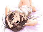  bed_gown brown_eyes brown_hair hand_over_head lingerie lying short_hair smile soles thigh-highs 