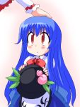  child food fruit geetsu hat hat_removed headwear_removed hinanawi_tenshi holding holding_hat leaf nagae_iku oekaki peach petting red_eyes touhou 