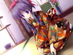  blush flower game_cg hair_bobbles hanging_scroll japanese_clothes kimono kneeling mikeou miraroma purple_eyes purple_hair solo tatami tea tea_ceremony violet_eyes yuuki_yukie 