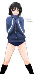  blue_eyes buruma gym_uniform highres jacket mukuzou original ryouzou short_hair simple_background smile socks 