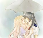  1girl closed_eyes couple gigi kiss macross macross_frontier rain saotome_alto shared_umbrella sheryl_nome umbrella 
