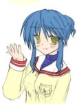  bad_id blue_hair clannad fang highres long_hair miyuu_haruka ponytail sagara_misae school_uniform yellow_eyes 