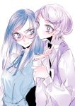  2girls biting blue_eyes blue_hair blush dokidoki!_precure ear_biting glasses hishikawa_rikka kenzaki_makoto long_hair multiple_girls precure purple_hair short_hair simple_background tima violet_eyes white_background wrist_grab yuri 