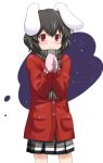  animal_ears black_hair blush bunny_ears chiyomi coat contemporary inaba_tewi mittens rabbit_ears red_eyes scarf short_hair simple_background smile solo touhou winter_clothes 
