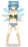  barefoot blue_hair bow bra cirno closed_eyes flat_chest frog grin hair_bow hands_on_hips ice lingerie novelty_bra ofuro_(artist) ofuro_mantarou short_hair sketch smile tears touhou underwear wings 