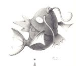  fish highres lips magikarp monochrome no_humans pokemon pokemon_(creature) signature simple_background solo supercompass tail traditional_media water whiskers white_background 