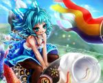  1girl :d ahoge black_legwear blue_eyes blue_hair blush bow cirno gobou hair_bow ice ice_wings looking_at_viewer open_mouth pantyhose short_hair smile solo touhou wings 