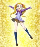  arms_up hadime hajime_(caramel_toone) kasugano_urara panties pantyshot precure pretty_cure school_uniform twintails underwear upskirt yellow_background yes!_precure_5 yes!_pretty_cure_5 