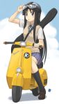  black_eyes black_hair flcl goggles guitar_case helmet instrument_case k-on! loafers long_hair motor_vehicle nagian parody school_uniform scooter shoes socks solo sweater tsurime vehicle 