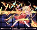  blonde_hair bow character_name fire flandre_scarlet hair_bow ina_(artist) no_hat no_headwear red_eyes short_hair sword title_drop touhou wallpaper weapon wings 