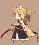  arrow blonde_hair bow_(weapon) braid fox_ears fox_tail hakama japanese_clothes katana mota original quiver red_eyes simple_background solo standing sword tail weapon 