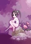  black_eyes black_hair flower katana one-piece_swimsuit pink_rose ponytail purple rose sitting swimsuit sword weapon 