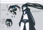  black_hair black_rock_shooter black_rock_shooter_(character) blue_eyes character_sheet chibi chick chicken highres huke jacket laughing long_hair scar singing twintails uneven_twintails 