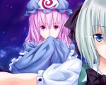  2girls covering_mouth hand_over_mouth hat japanese_clothes kimono konpaku_youmu multiple_girls outstretched_arms pink_hair protect red_eyes ribbon saigyouji_yuyuko short_hair silver_hair sleeves_past_wrists soumi_shizuru spread_arms touhou 