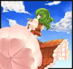 cloud clouds dutch_angle from_behind from_below green_hair kazami_yuuka long_skirt looking_back plaid plaid_skirt plaid_vest red_eyes short_hair skirt skirt_set sky touhou umbrella wind zoo_min