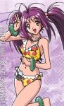  brown_eyes character_name kotobuki_miyuki purple_background purple_hair swimsuit tokimeki_memorial tokimeki_memorial_2 twintails yellow_bikini 