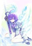  armor aselia eien_no_aselia eien_no_aseria gauntlets kneeling legs long_hair purple_eyes purple_hair ribbon shigehiro shigehiro_(artist) sword violet_eyes weapon wings 