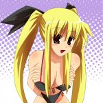  blonde_hair breasts cleavage fate_testarossa leaning_forward long_hair mahou_shoujo_lyrical_nanoha mahou_shoujo_lyrical_nanoha_strikers red_eyes swimsuit ta0316 twintails 