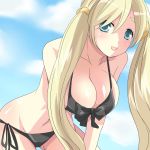  1girl bad_id bikini blonde_hair blue_eyes breasts chiha huge_breasts k-on! kotobuki_tsumugi long_hair side-tie_bikini solo swimsuit twintails 