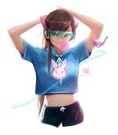  1girl alternate_hairstyle animal_print arms_up bangs breasts brown_eyes brown_hair bubble_blowing bunny_print chewing_gum commentary crop_top crop_top_overhang d.va_(overwatch) drone english_commentary headphones hood hood_down logo long_hair looking_at_viewer navel open_mouth overwatch ponytail ross_tran shorts signature solo swept_bangs visor whisker_markings white_background 