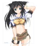  black_hair bracelet cat_ears earring green_eyes hand_over_head hunter long_hair navel smile thigh-highs 