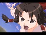  angry anime_coloring bad_id brown_eyes brown_hair chibi_maru close-up face hakurei_reimu letterboxed ofuda open_mouth sky solo touhou 
