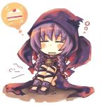  1girl blush braid cake cape chain chains chibi closed_eyes curse_maker food hood lowres owari_(owari0413) pastry purple_hair saliva sekaiju_no_meikyuu twin_braids 