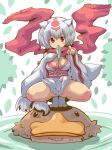  breasts cleavage fish japanese_clothes looking_at_viewer mouth_hold obebe_(kitsune_choukan) original platypus pointing pointing_at_viewer red_eyes ryuno scarf squat squatting tail white_hair 