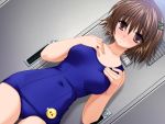  brown_hair dutch_angle game_cg inou_rin karyuu_kagehisa locker locker_room one-piece_swimsuit pins school_swimsuit short_hair summer_radish_vacation swimsuit 