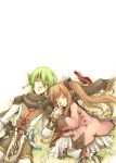  1girl brown_hair closed_eyes couple earrings faize_scheifa_beleth female flower grass green_hair hand_holding highres holding_hands jewelry lymle_lemuri_phi male scarf sleeping star_ocean star_ocean_the_last_hope twintails 