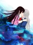  black_hair houraisan_kaguya hug kiss mosuke multiple_girls ribbon silver_hair touhou water yagokoro_eirin yuri 