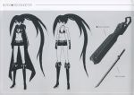  black_hair black_rock_shooter black_rock_shooter_(character) blue_eyes character_sheet gun highres huke jacket long_hair scar sword twintails uneven_twintails weapon 