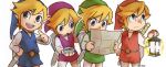  blonde_hair blue_eyes compass dual_persona hat lamp link male map multiple_persona nintendo ponky quadruple_persona sheath shield smile sword the_legend_of_zelda toon_link weapon 
