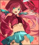  :d aqua_eyes bad_id blue_eyes from_below hair_ornament hat laughing long_hair midriff miniskirt navel open_mouth pink_hair pixiv pixiv_fantasia pixiv_fantasia_3 pleated_skirt ryou_(kimagure) ryou_(pixiv47138) skirt smile solo standing star twintails very_long_hair 