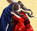  black_hair fate/stay_night fate_(series) green_eyes height_difference highres japanese_clothes kimono ribbon tall tohsaka_rin toosaka_rin yukata 